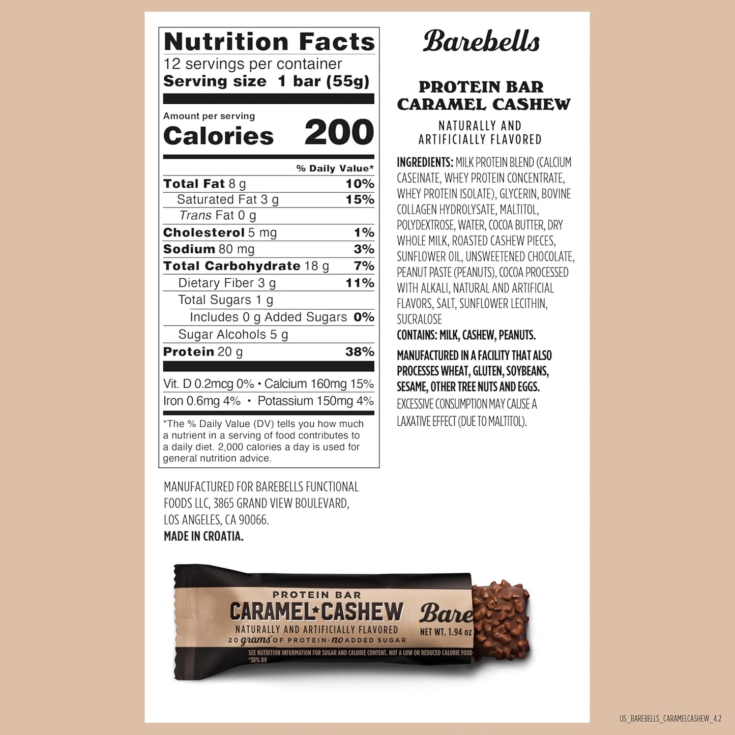 Barebells Protein Bars Caramel Cashew - 12 Count, 20g High Protein Treats - Chocolate Nutrition Bar with 1g Total Sugars - On-The-Go Breakfast or Post-Workout Snack