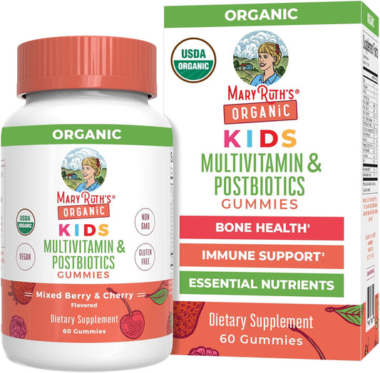 MARYRUTH'S Kids Vitamins USDA Organic | Multivitamin Gummies + Postbiotics for Ages 4+ | Multivitamin for Kids with Lactobacillus Rhamnosus | Children’s Vitamins | Vegan | Non-GMO | 60 Count