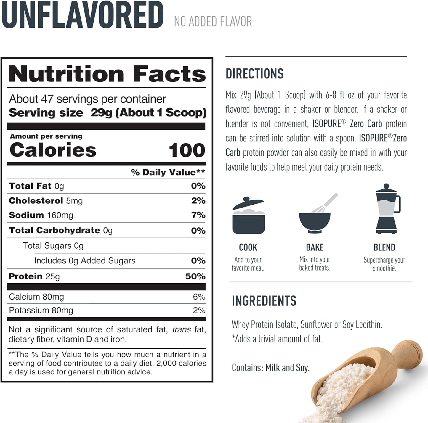 Isopure Zero Carb 100% Pure Whey Isolate Protein Powder, Gluten Free, with Vitamins, Unflavored, 25g Protein Per Serving, 3 Lbs, 47 Servings (Packaging May Vary)