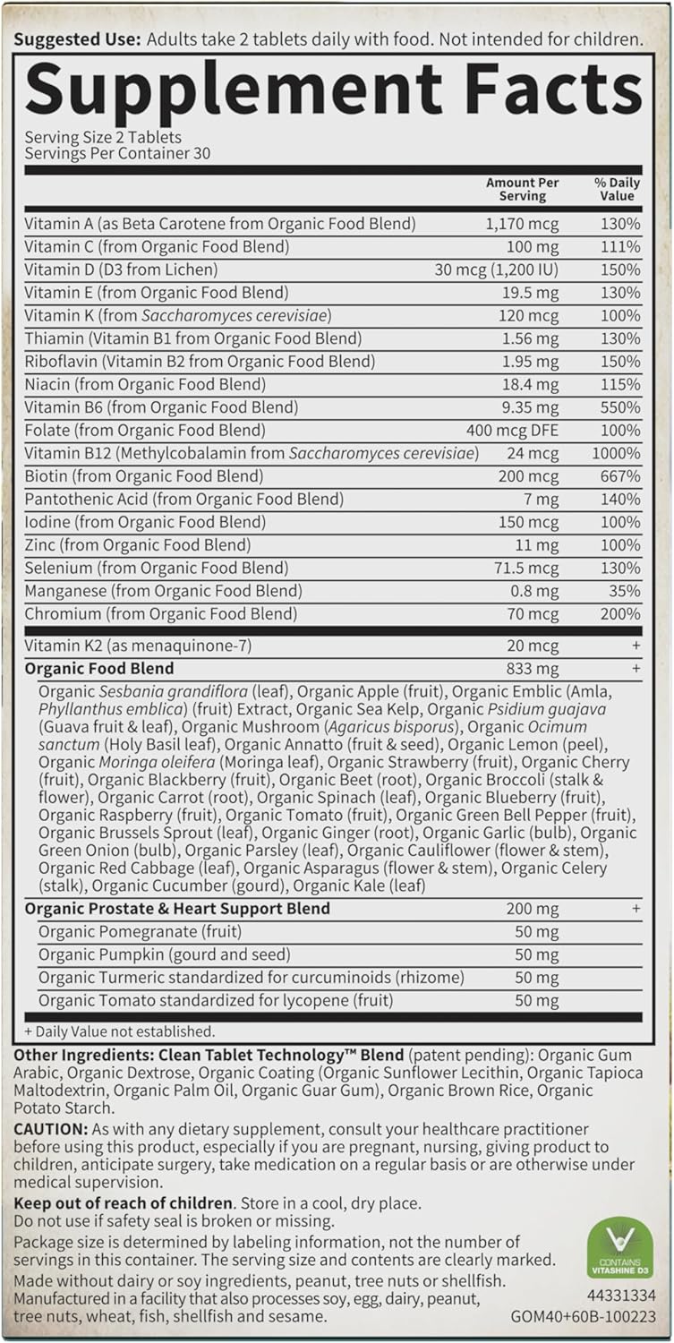 Garden of Life Organics Men's 40+ Multivitamin with Prostate Support, B12 & Vitamins – Vegan Daily Whole Food Multivitamin, Non-GMO, Certified Organic, 60 Tablets