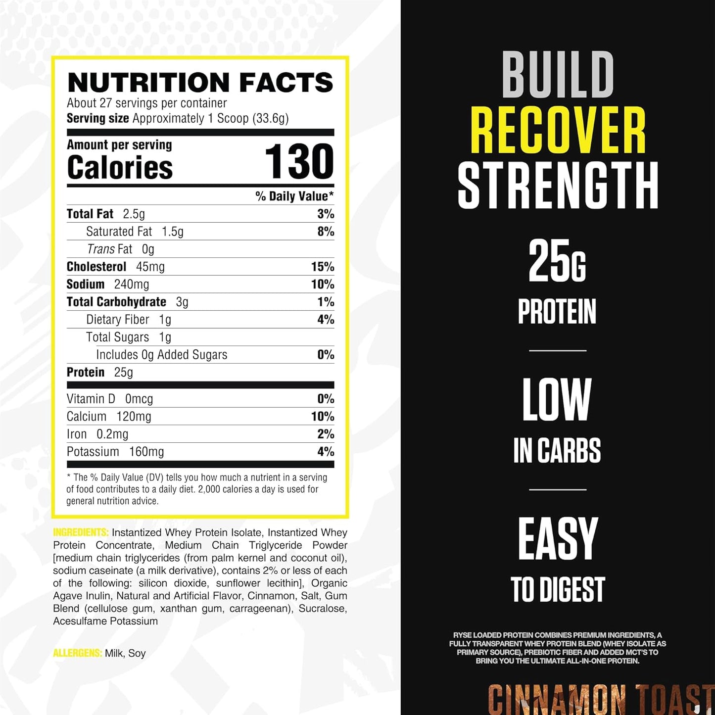 RYSE Loaded Protein Powder - Cinnamon Toast - 25g Whey Protein Isolate & Concentrate with Prebiotic Fiber & MCTs - Low Carb, Low Sugar, Digestive-Friendly - 27 Servings / 2 lb Tub
