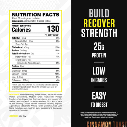 RYSE Loaded Protein Powder - Cinnamon Toast - 25g Whey Protein Isolate & Concentrate with Prebiotic Fiber & MCTs - Low Carb, Low Sugar, Digestive-Friendly - 27 Servings / 2 lb Tub