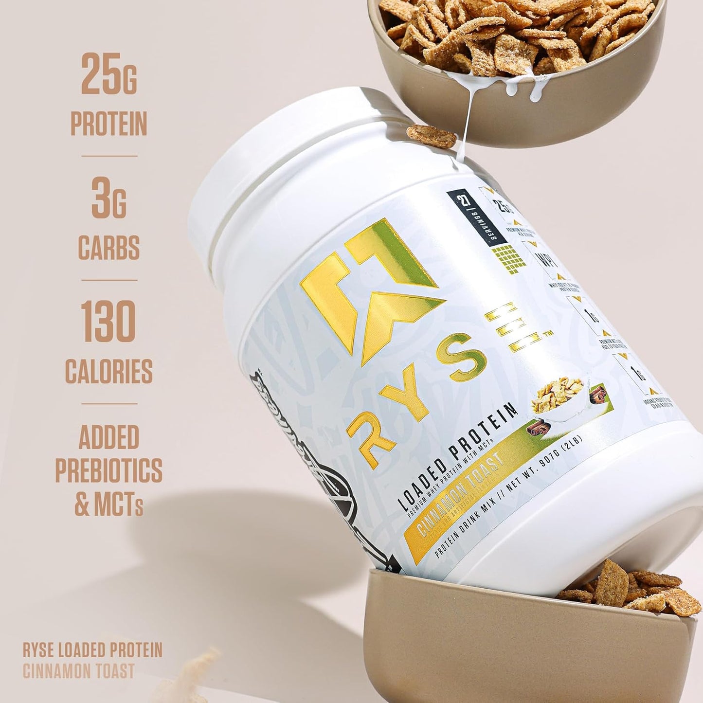RYSE Loaded Protein Powder - Cinnamon Toast - 25g Whey Protein Isolate & Concentrate with Prebiotic Fiber & MCTs - Low Carb, Low Sugar, Digestive-Friendly - 27 Servings / 2 lb Tub