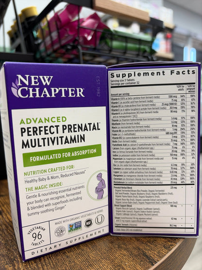 New Chapter Advanced Perfect Prenatal Vitamins, 96ct, Made with Organic, Non-GMO Ingredients for Healthy Baby & Mom - Folate (Methylfolate), Whole-Food Fermented Iron, Vitamin D3 + Ginger