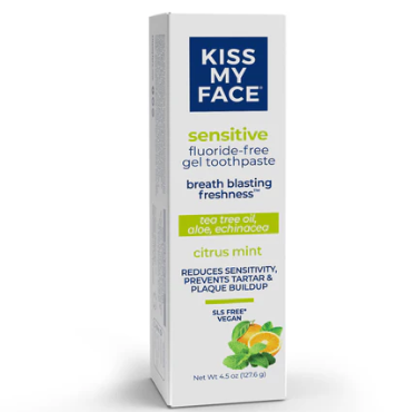 Kiss My Face Sensitive Citrus Mint Gel Toothpaste, Reduces Sensitivity, Removes Plaque And Prevents Tartar, With Added Tea Tree Oil, Aloe, And Echinacea, No Artificial Colors Or Flavors, 4.5 Oz