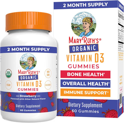 MARYRUTH'S Organic Vitamin D3 Gummies | 1000 IU | USDA Organic | Immune Support| Bone Health | Muscle Function | for Adults & Kids Ages 2+ | Vegan | Gluten Free | 2 Month Supply | 60 Count