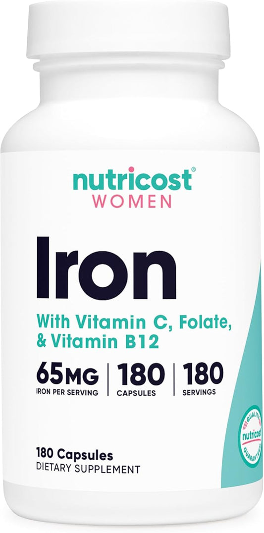 Nutricost Iron for Women 65mg, 180 Capsules, with Vitamin C, Folate, &amp; Vitamin B12 - Vegetarian Friendly, Non-GMO, Gluten Free