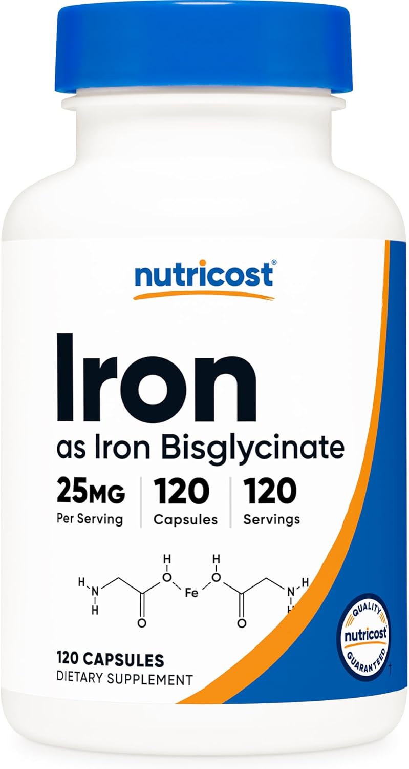 Nutricost Iron Bisglycinate Supplement (25mg) 120 Capsules - from Ferrous Bisglycinate Chelate - Non-GMO &amp; Gluten-Free