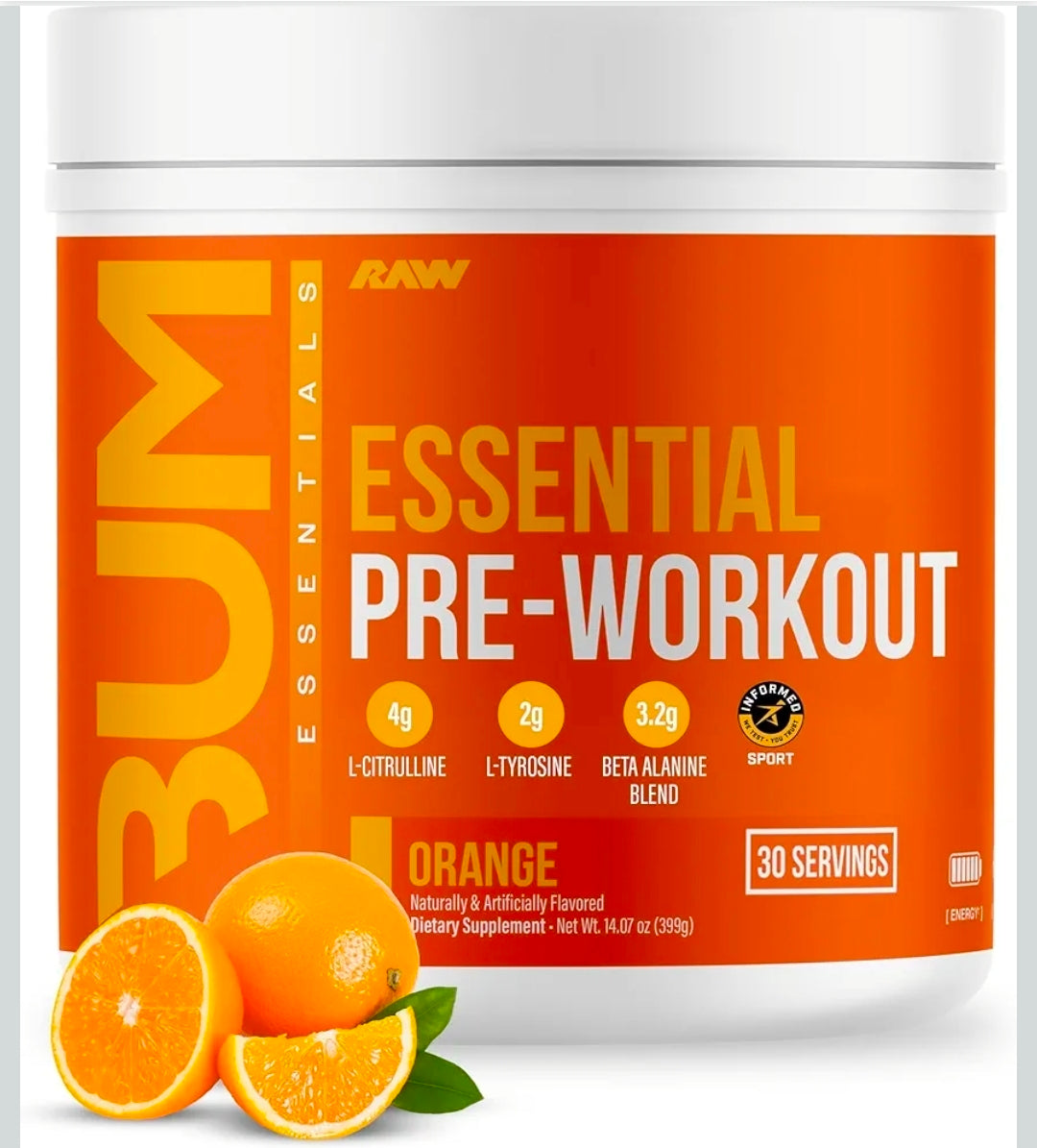 RAW Essential Pre-Workout Powder (Orange) - Chris Bumstead Sports Nutrition Supplement for Men & Women - Preworkout Energy Powder with Caffeine, L-Citrulline, L-Tyrosine, & Beta Alanine Blend