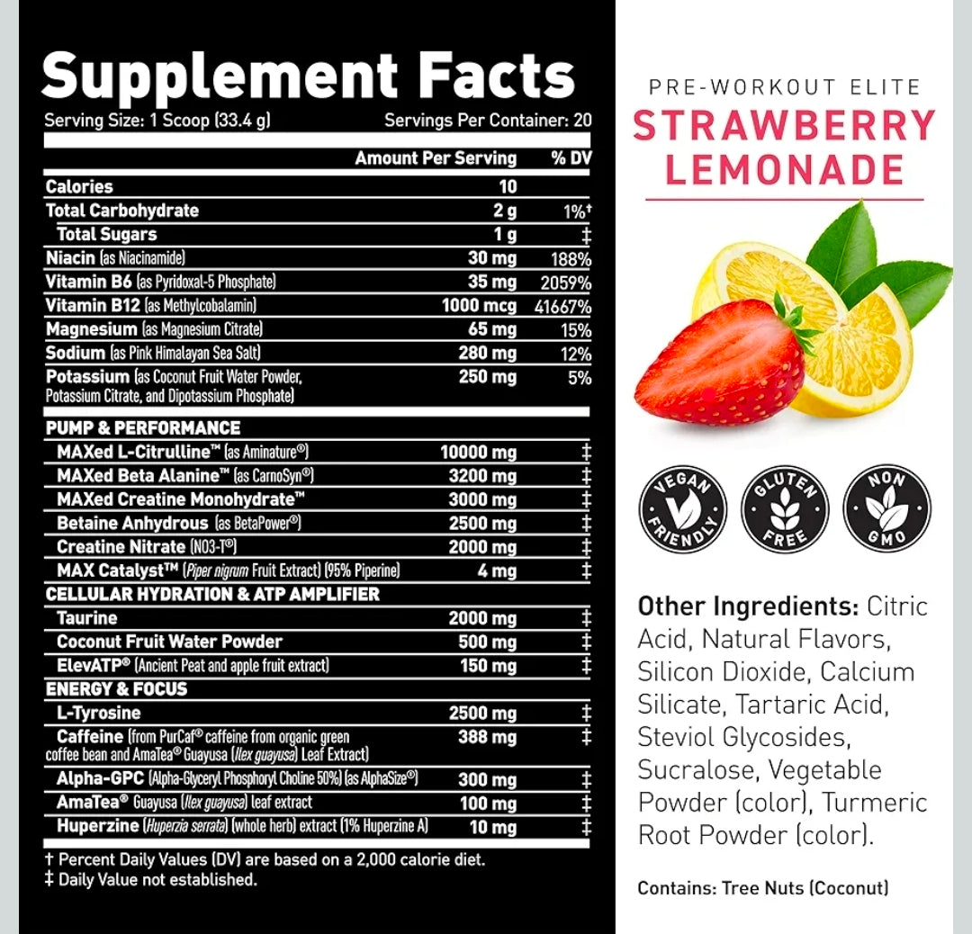 Kaged Pre Workout Elite Powder | Strawberry Lemonade | Pre-Workout with Creatine, Beta Alanine, L-Citrulline, BCAAs | 388 mg Organic Caffeine | Pre Supplements for Men & Women | 20 Servings