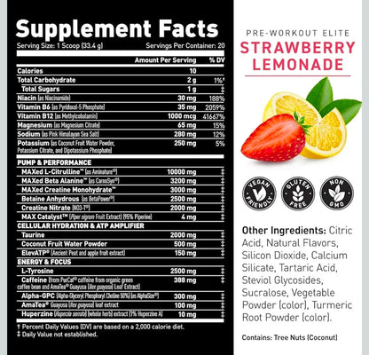 Kaged Pre Workout Elite Powder | Strawberry Lemonade | Pre-Workout with Creatine, Beta Alanine, L-Citrulline, BCAAs | 388 mg Organic Caffeine | Pre Supplements for Men & Women | 20 Servings