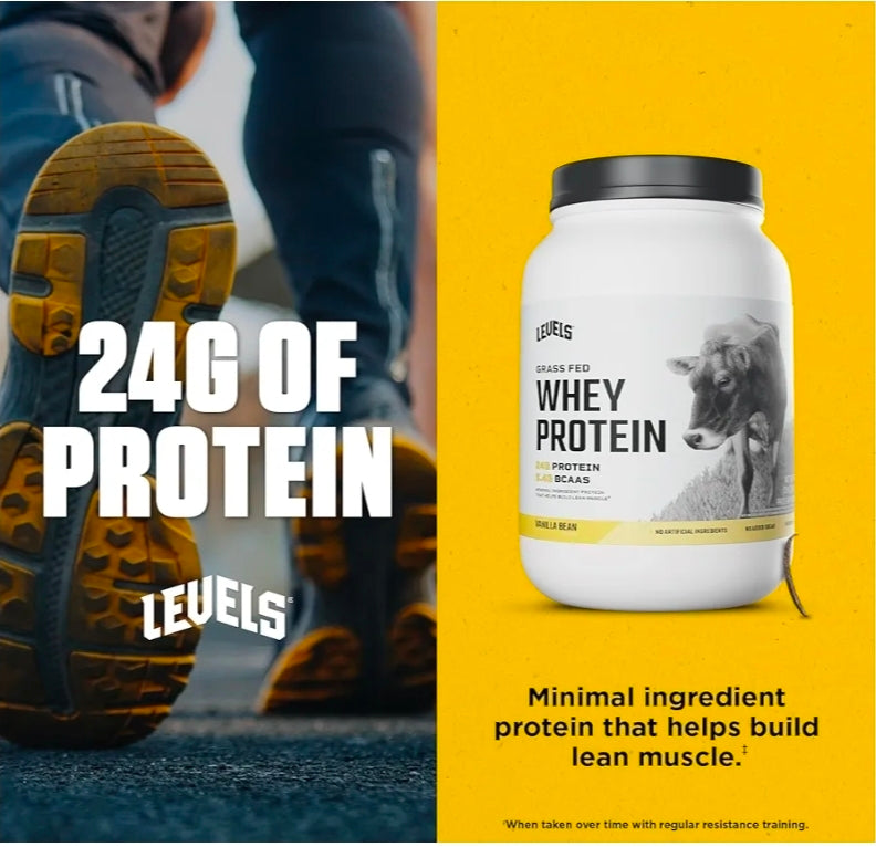 Levels Grass Fed Whey Protein Powder, No Artificials, 24G of Protein, Vanilla Bean, 2LB