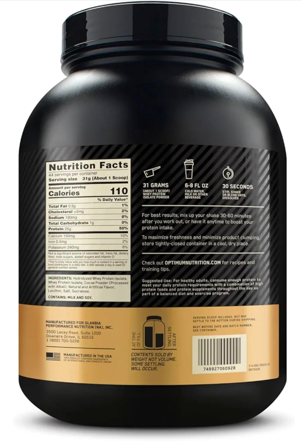 Optimum Nutrition Gold Standard 100% Isolate, Protein Powder, Chocolate Bliss, 3 Pounds, 44 Servings. Whey Protein Isolate (Packaging May Vary)