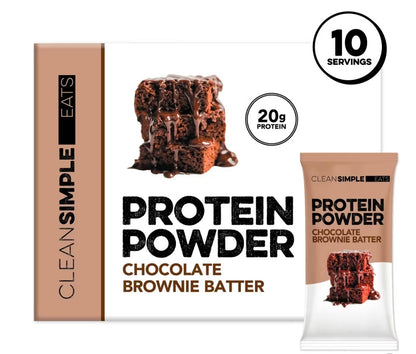 Clean Simple Eats Whey Protein Powder, Chocolate Brownie Batter Flavor, Naturally Sweetened, 100% Grass Fed Protein Powder, Digestive Enzymes & No Artificial Ingredients, Gluten Free, 10 Stick Packs