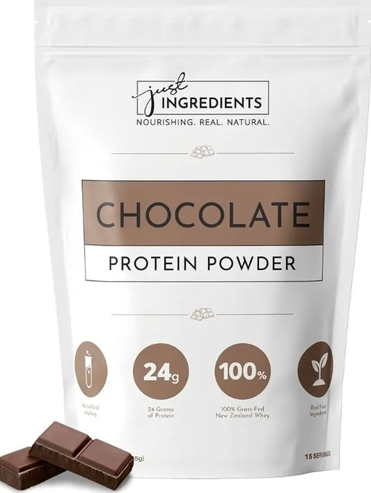 JUST INGREDIENTS Protein Powder | 15 Servings | 24g Protein | Chocolate Flavor Made with 100% Grass-Fed, Non-Denatured Whey | Five Different Sources from Organic Whole Food Ingredients