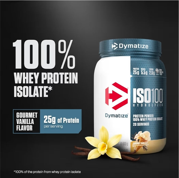 Dymatize ISO100 Whey Protein Powder Isolate, Gourmet Vanilla, 25g of Protein, 5.5g BCAAs, Less Than 120 Cal., Gluten Free, 1g Fat, 1g Sugar, 2g Carb (20 Servings)
