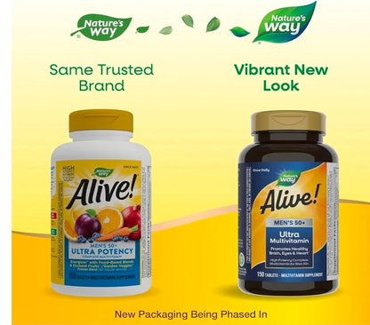 Nature's Way Alive! Men’s 50+ Daily Ultra Multivitamins, High Potency Formula, Supports Healthy Brain, Eyes & Heart*, with Methylated Vitamin B12, Gluten-Free, 150 Tablets