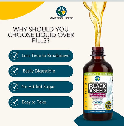 Amazing Herbs Premium Liquid Black Seed Oil - Cold Pressed with Nigella & Sativa, Aids in Digestive Health, Omegas 3 6 & 9, Immune Support, Brain Function, Non GMO, for Men and Women - 8 Fl Oz