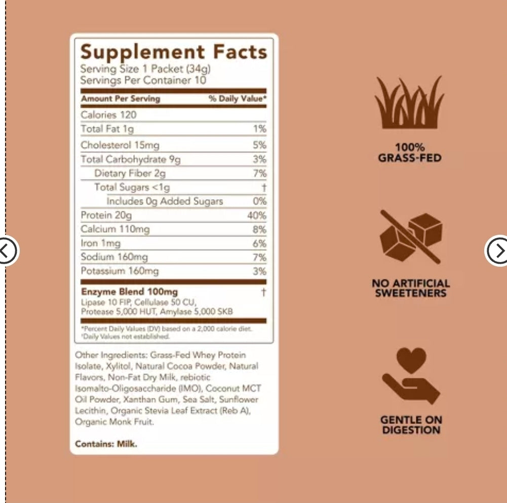 Clean Simple Eats Whey Protein Powder, Chocolate Brownie Batter Flavor, Naturally Sweetened, 100% Grass Fed Protein Powder, Digestive Enzymes & No Artificial Ingredients, Gluten Free, 10 Stick Packs