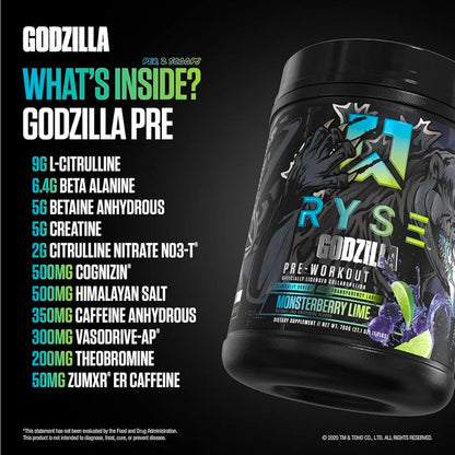RYSE Godzilla X Noel Deyzel Pre Workout Powder - Monsterberry Lime - 400mg Caffeine, High Stim Pre-Workout for Men & Women with Citrulline & Beta Alanine - Energy, Pump & Focus - 20/40 Servings
