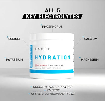 Kaged Hydration Electrolytes Powder | Fruit Punch | Hydra-Charge Sports Drink Mix | Pre, Post, Intra Workout | Low Carb, Vegan, Gluten Free | Supplements for Men & Women | 60 Servings
