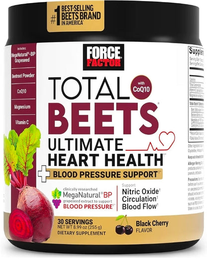 Force Factor Total Beets Ultimate Heart Health Blood Pressure Support with CoQ10, Beet Root Powder, Grape Seed Extract, Blood Pressure Supplement for Circulation, Black Cherry, 30 Servings