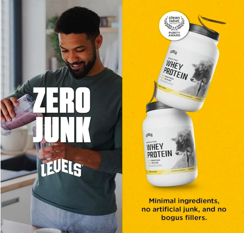 Levels Grass Fed Whey Protein Powder, No Artificials, 24G of Protein, Vanilla Bean, 2LB