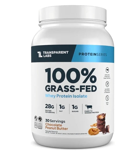 Transparent Labs Grass-Fed Whey Protein Isolate - Naturally Flavored, Gluten Free Whey Protein Powder with 28g of Protein per Serving & 9 Amino Acids - 30 Servings, Chocolate Peanut Butter