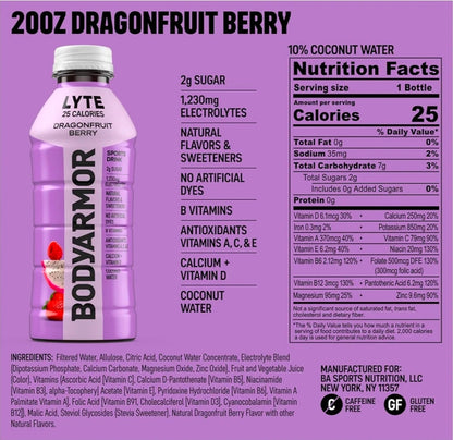 BODYARMOR LYTE Sports Drink Low-Calorie Sports Beverage, Dragonfruit Berry, Natural Flavors With Vitamins, Potassium-Packed Electrolytes, Perfect For Athletes, 20 Fl Oz