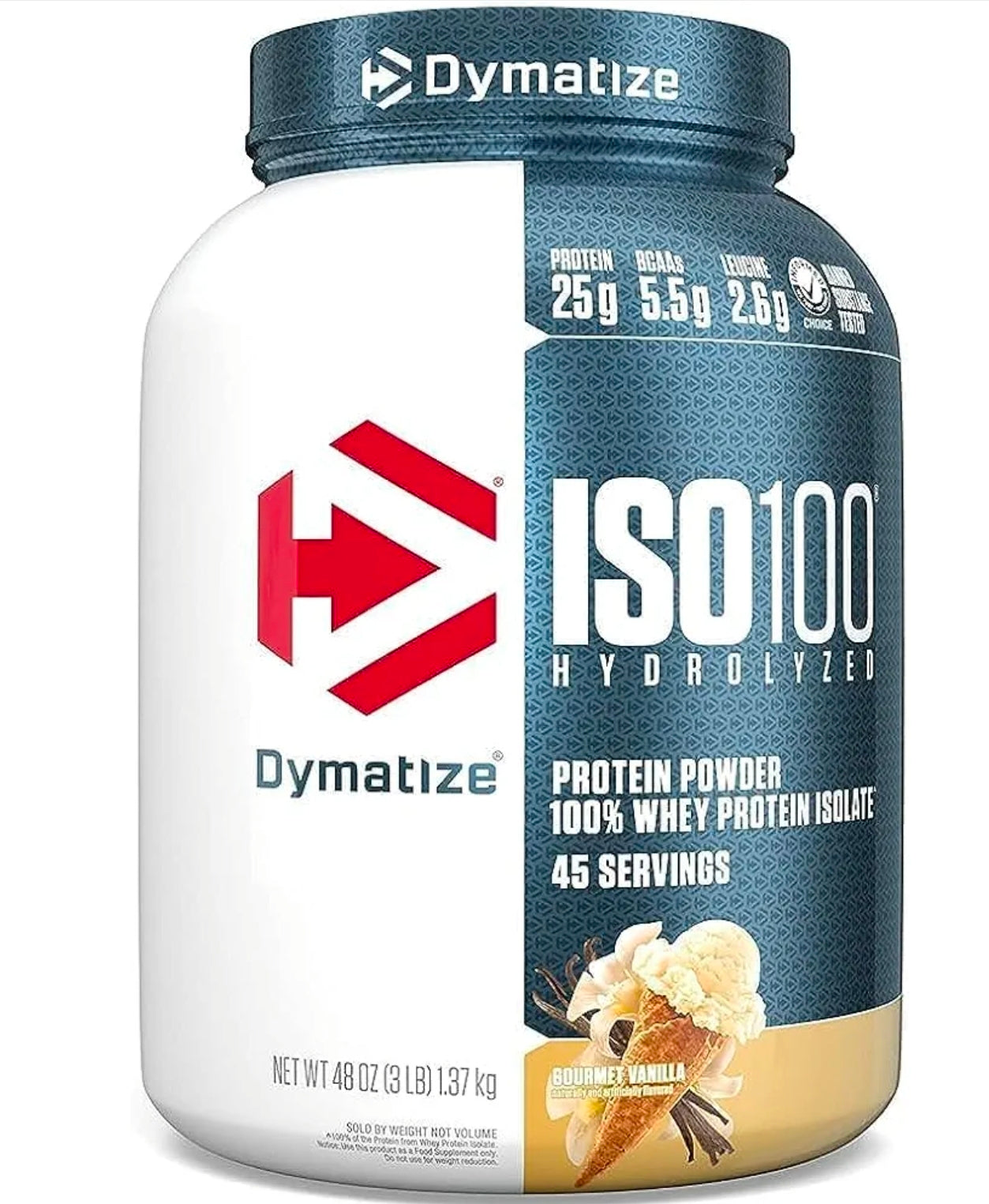 Dymatize ISO100 Whey Protein Powder Isolate, Vanilla, 25g of Protein, 3 Pound, 5.5g BCAAs, Less Than 120 Cal., Gluten Free, 1g Fat, 1g Sugar, 2g Carb (45 Servings)
