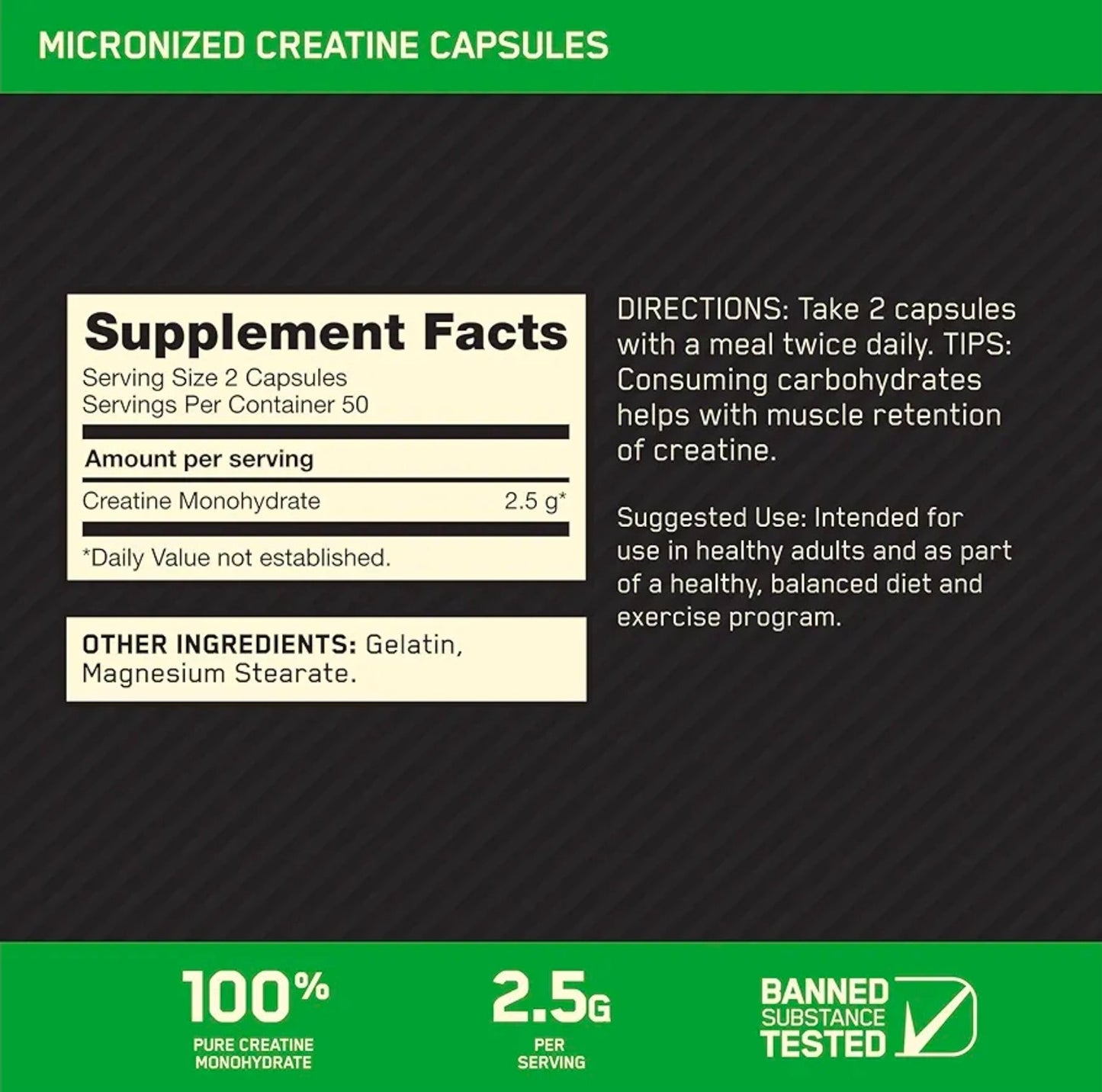 Optimum Nutrition Micronized Creatine Monohydrate Capsules, Keto Friendly, 2500mg, 100 Capsules