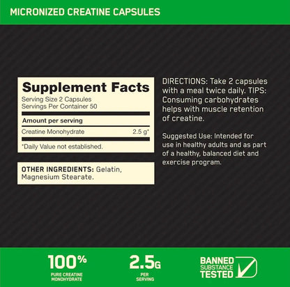 Optimum Nutrition Micronized Creatine Monohydrate Capsules, Keto Friendly, 2500mg, 100 Capsules