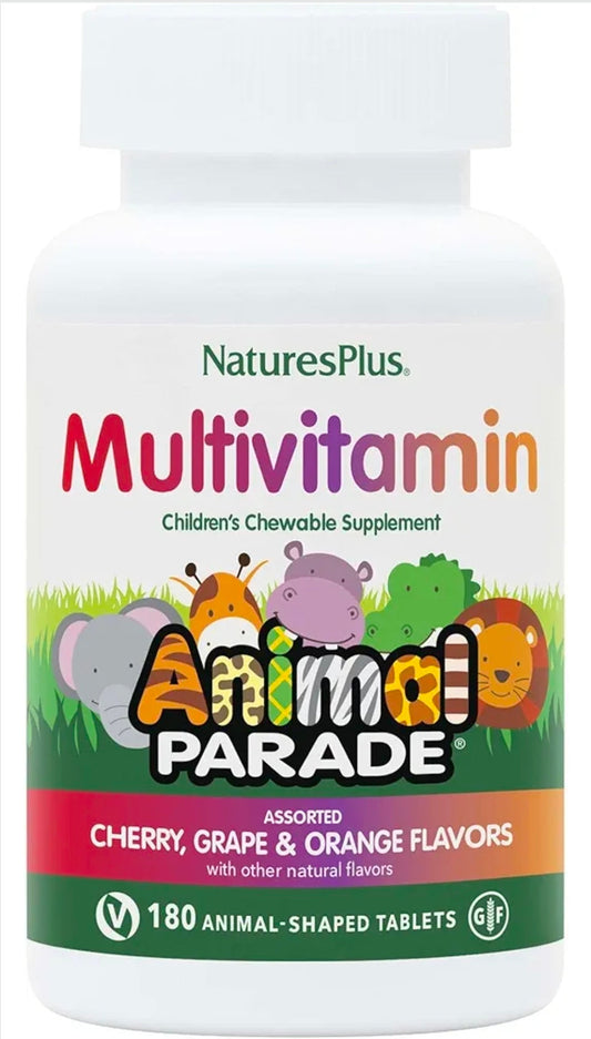 Natures Plus Animal Parade Children's Chewable Multivitamin - 180 Animal-Shaped Tablets - Natural Assorted Flavors - Vegetarian, Gluten Free - 90 Servings
