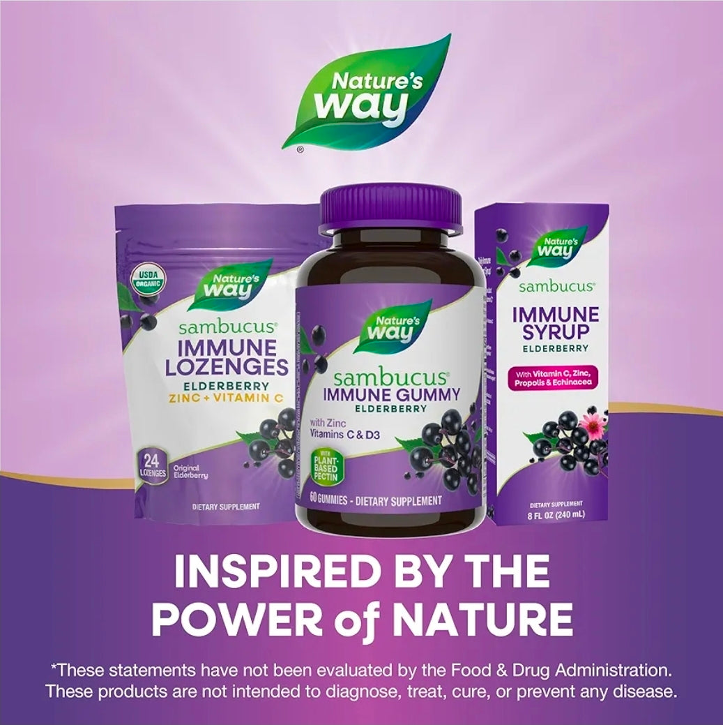 Nature’s Way Sambucus Elderberry Gummies, Immune Support Gummy for Adults & Kids Ages 4+ with Black Elderberry Extract, Vitamin C, Vitamin D3, and Zinc*, 60 Gummies