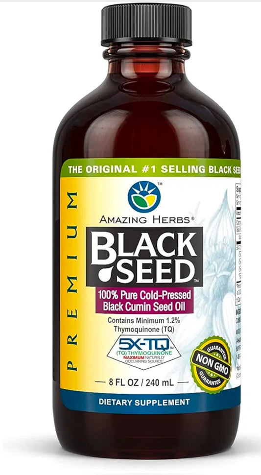 Amazing Herbs Premium Liquid Black Seed Oil - Cold Pressed with Nigella & Sativa, Aids in Digestive Health, Omegas 3 6 & 9, Immune Support, Brain Function, Non GMO, for Men and Women - 8 Fl Oz