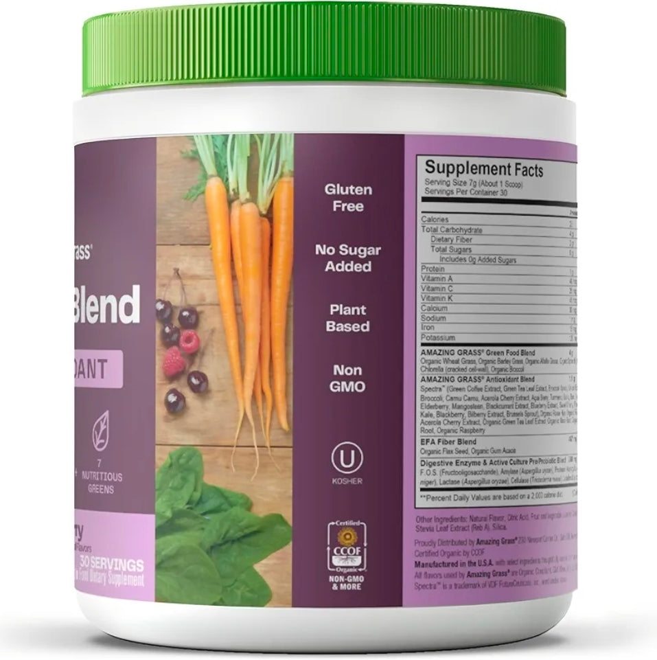 Amazing Grass Greens Blend Antioxidant: Super Greens Powder Smoothie Mix with Organic Spirulina, Beet Root Powder, Elderberry, Bilberry, Prebioitics & Probiotics, Sweet Berry, 30 Servings (Packaging May Vary)