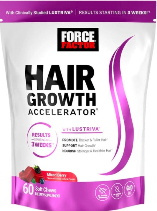 Force Factor Hair Growth Accelerator Soft Chews, Hair Growth Vitamins for Women and Men with Clinically Studied Lustriva and Biotin, Promotes Thicker, Fuller, Stronger Hair, Mixed Berry, 60 Soft Chews