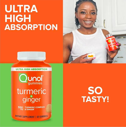 Qunol Turmeric and Ginger Gummies - Joint Support Supplement with Ultra High Absorption, 90 Count Vegan and Gluten Free Gummies