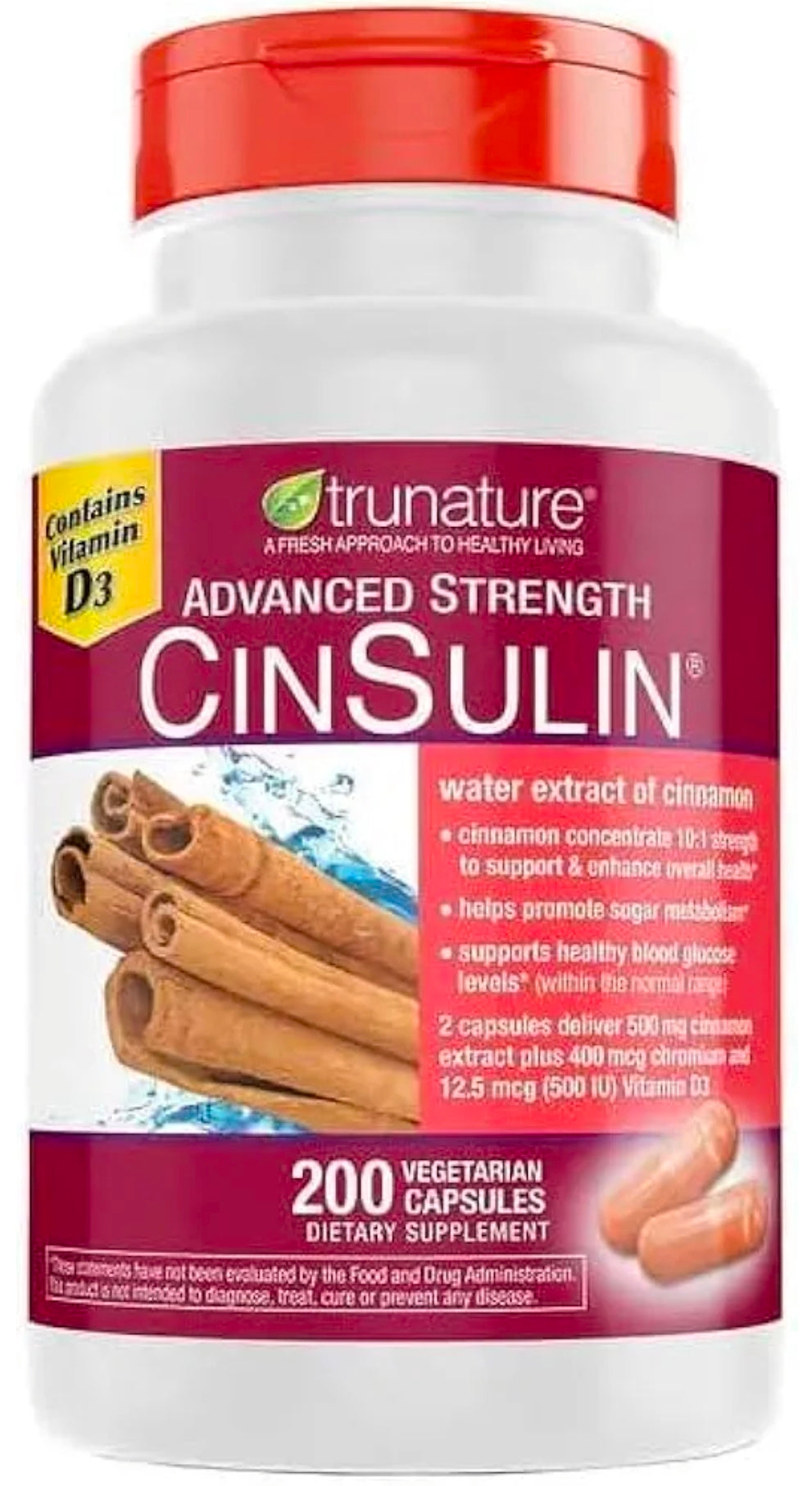 Tru-Nature Cinnamon Concentrate Cinsulin 500mg, 200 Vegetarian Capsule, 3 Months Supply