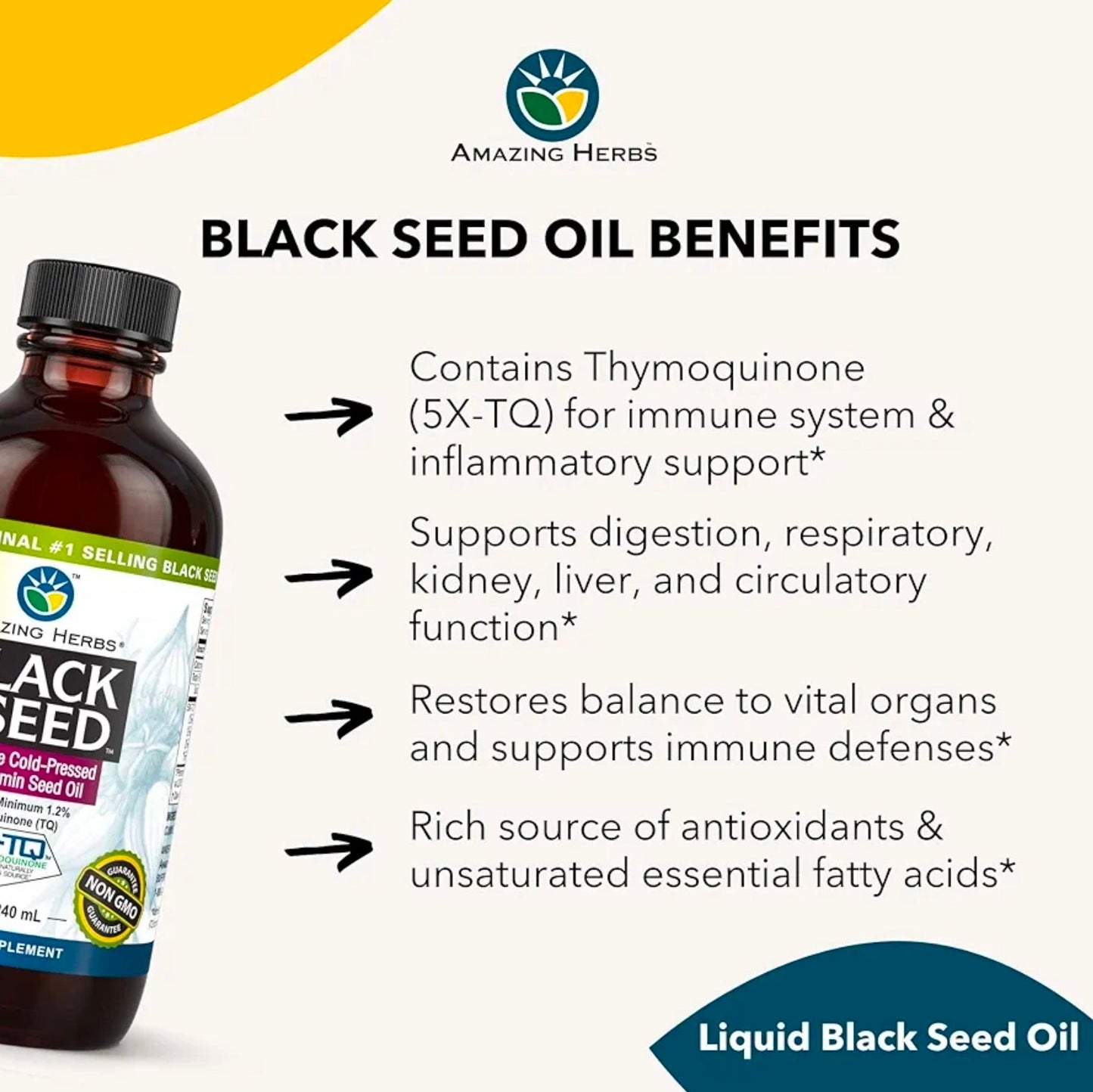 Amazing Herbs Premium Liquid Black Seed Oil - Cold Pressed with Nigella & Sativa, Aids in Digestive Health, Omegas 3 6 & 9, Immune Support, Brain Function, Non GMO, for Men and Women - 8 Fl Oz
