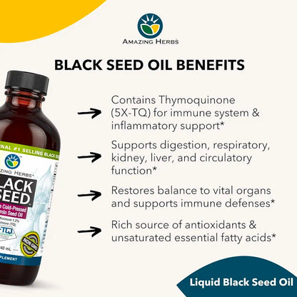 Amazing Herbs Premium Liquid Black Seed Oil - Cold Pressed with Nigella & Sativa, Aids in Digestive Health, Omegas 3 6 & 9, Immune Support, Brain Function, Non GMO, for Men and Women - 8 Fl Oz