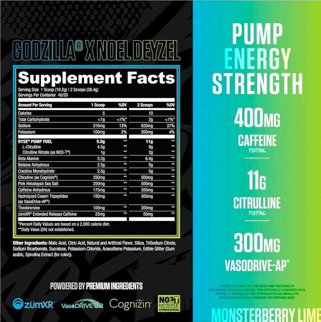 RYSE Godzilla X Noel Deyzel Pre Workout Powder - Monsterberry Lime - 400mg Caffeine, High Stim Pre-Workout for Men & Women with Citrulline & Beta Alanine - Energy, Pump & Focus - 20/40 Servings