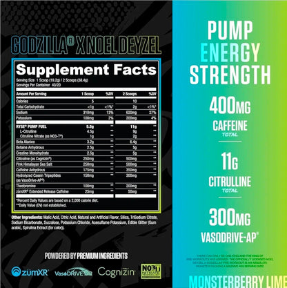 RYSE Godzilla X Noel Deyzel Pre Workout Powder - Monsterberry Lime - 400mg Caffeine, High Stim Pre-Workout for Men & Women with Citrulline & Beta Alanine - Energy, Pump & Focus - 20/40 Servings