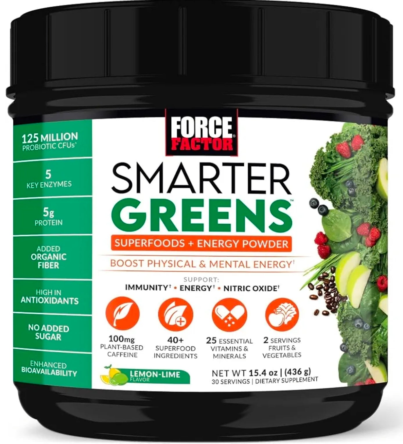 FORCE FACTOR Smarter Greens Superfoods + Energy Powder to Boost Energy & Support Digestion, Gut Health, Bloating, Greens Powder with Digestive Enzymes, Probiotics & Prebiotics, Lemon Lime, 30 Servings