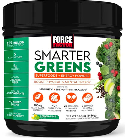 FORCE FACTOR Smarter Greens Superfoods + Energy Powder to Boost Energy & Support Digestion, Gut Health, Bloating, Greens Powder with Digestive Enzymes, Probiotics & Prebiotics, Lemon Lime, 30 Servings