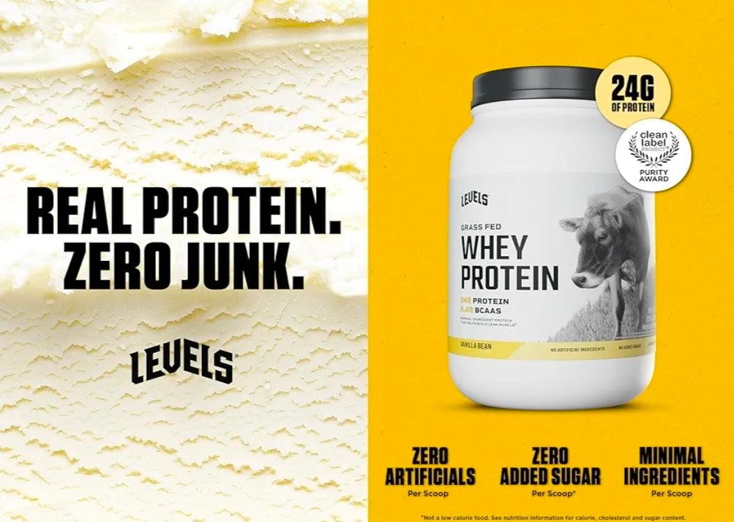 Levels Grass Fed Whey Protein Powder, No Artificials, 24G of Protein, Vanilla Bean, 2LB