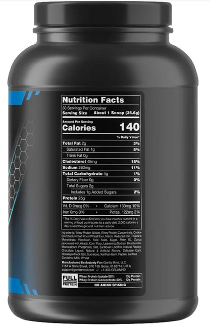 Gorilla Mind Premium Whey Protein - Cookies and Cream, 25 Grams of Whey Protein Isolate & Concentrate,Recover and Build Muscle (30 Servings)