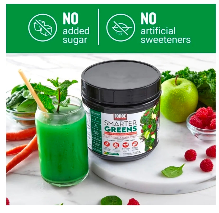 FORCE FACTOR Smarter Greens Superfoods + Energy Powder to Boost Energy & Support Digestion, Gut Health, Bloating, Greens Powder with Digestive Enzymes, Probiotics & Prebiotics, Lemon Lime, 30 Servings
