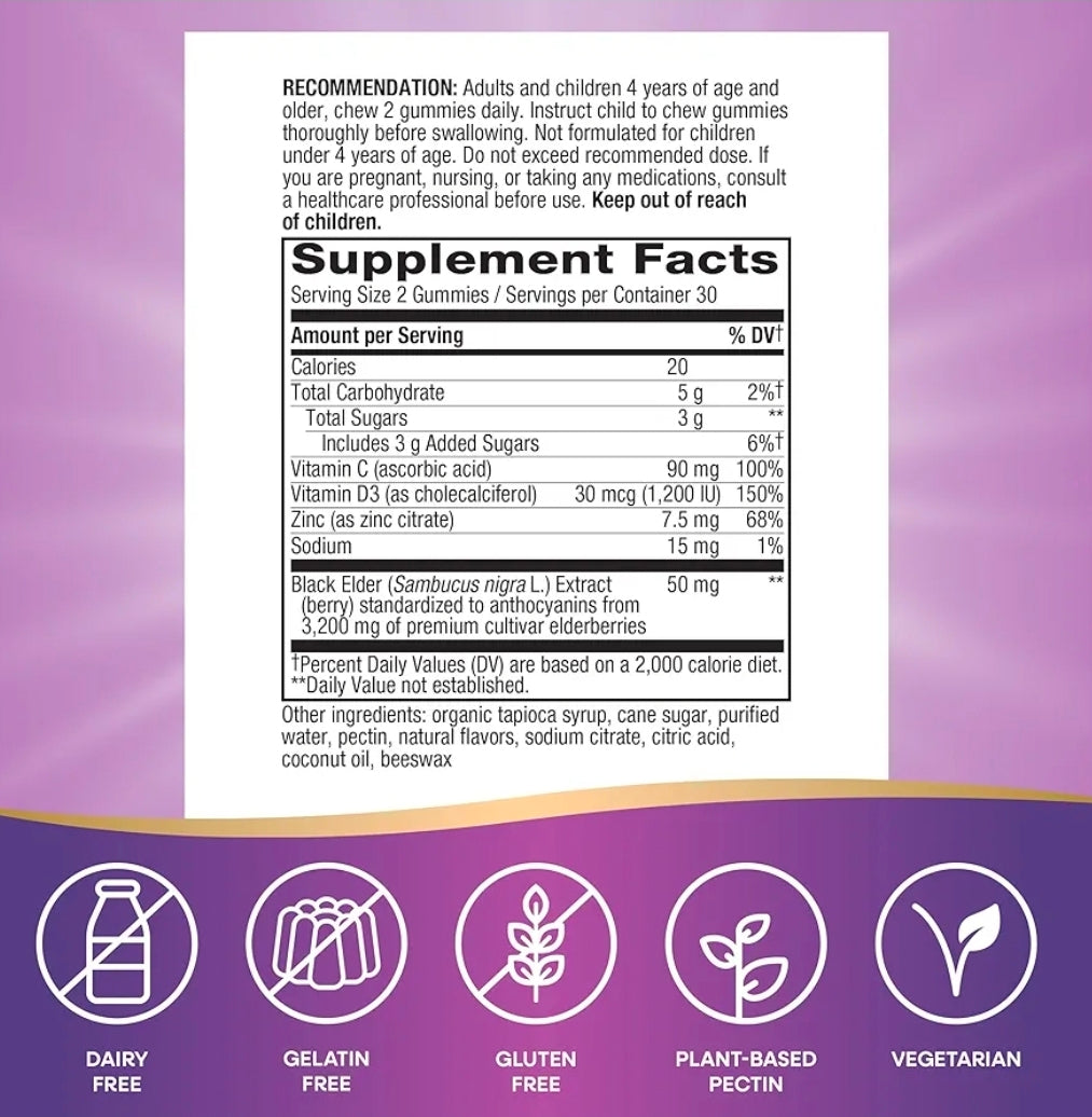 Nature’s Way Sambucus Elderberry Gummies, Immune Support Gummy for Adults & Kids Ages 4+ with Black Elderberry Extract, Vitamin C, Vitamin D3, and Zinc*, 60 Gummies