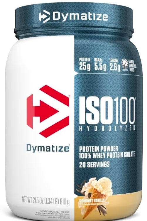 Dymatize ISO100 Whey Protein Powder Isolate, Gourmet Vanilla, 25g of Protein, 5.5g BCAAs, Less Than 120 Cal., Gluten Free, 1g Fat, 1g Sugar, 2g Carb (20 Servings)